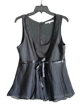 Jenny Han Pure Silk Satin-Trim Beaded Peplum Top. Size Large